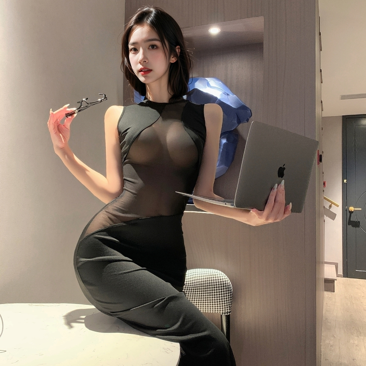블랙 시스루 스커트 + T팬츠