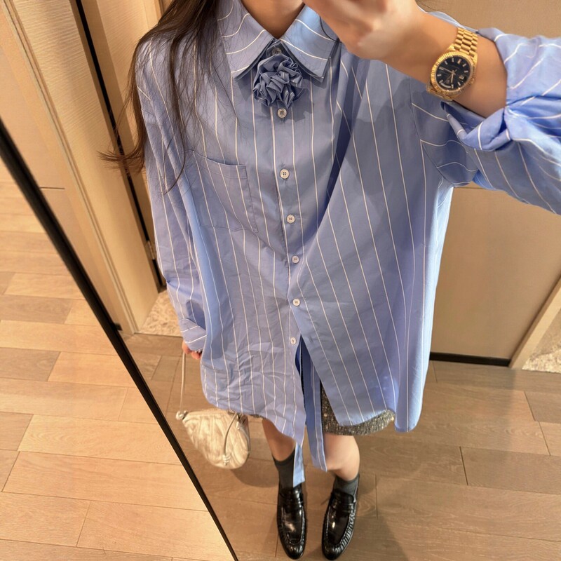 Double Tie Floral Corsage Striped Shirt for Women 2026 New Style Loose Long-Sleeve Slimming College Style Jk Shirt Top Double Tie Floral Corsage Striped Shirt for Women 2026 New Style Loose Long-Sleeve Slimming College Style Jk Shirt Top