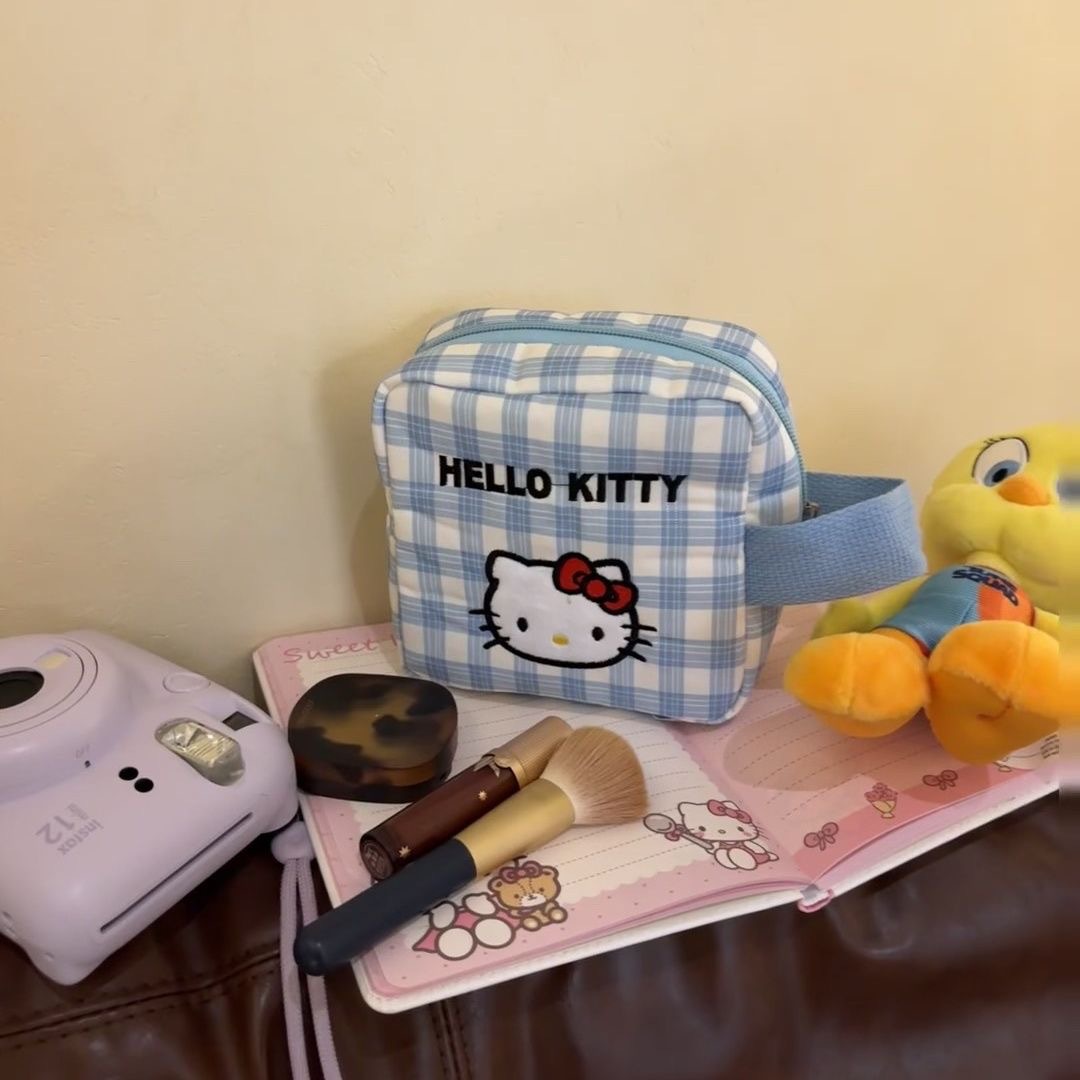 New Blue Checkered Kitty Makeup Bag, Large Capacity Instant Photo Storage, Portable Miscellaneous Bag for Girls, Square Bag