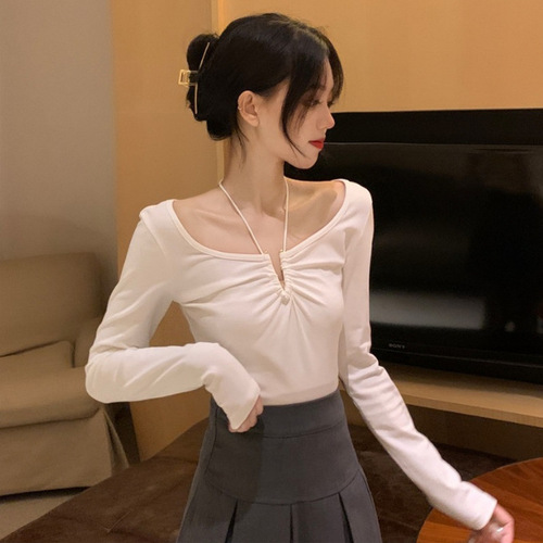 Pure Desire Hot Girl Long Sleeve T-Shirt Women Design Fitted Revealing Collar Slimming Base Top for Women