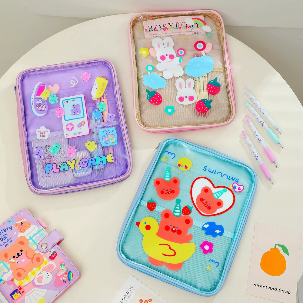 Transparent cartoon organizer bag PVC, protective case, with little bears, 11 inch, 10.5 inch