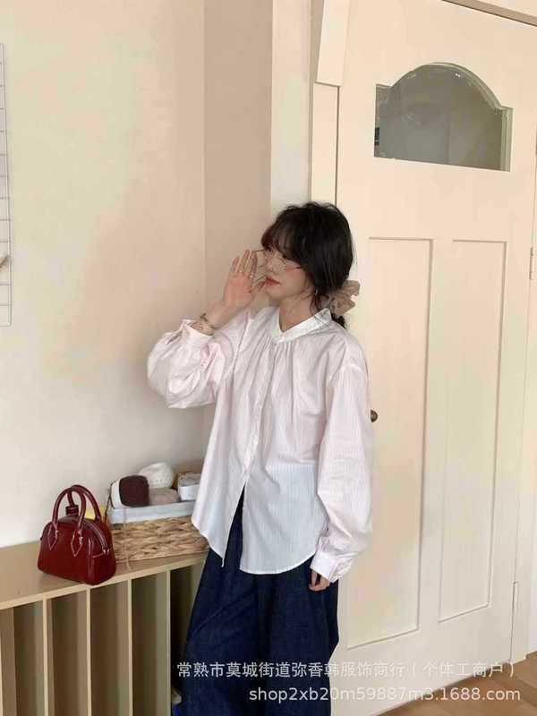 竖条纹立领长袖衬衫女2025秋季新款文艺复古减龄甜美单排扣上衣|undefined