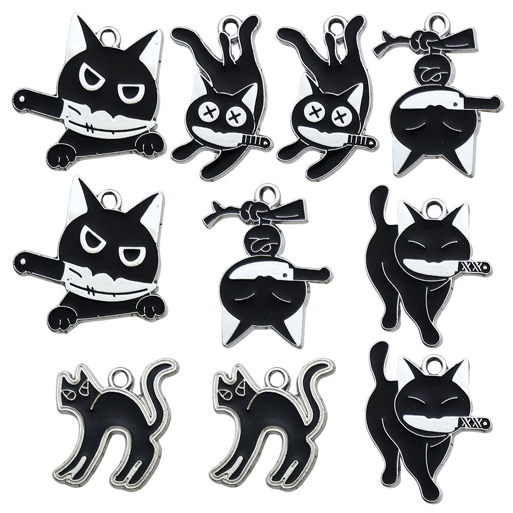 European and American Creative New Popular Cartoon Black Cat with Knife Guard Series Alloy Pendant Naughty Little Black Cat Accessories