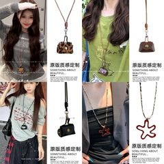 豹纹皮质零钱包吊坠项链女耳机套收纳包包长款挂脖秋冬毛衣链配饰