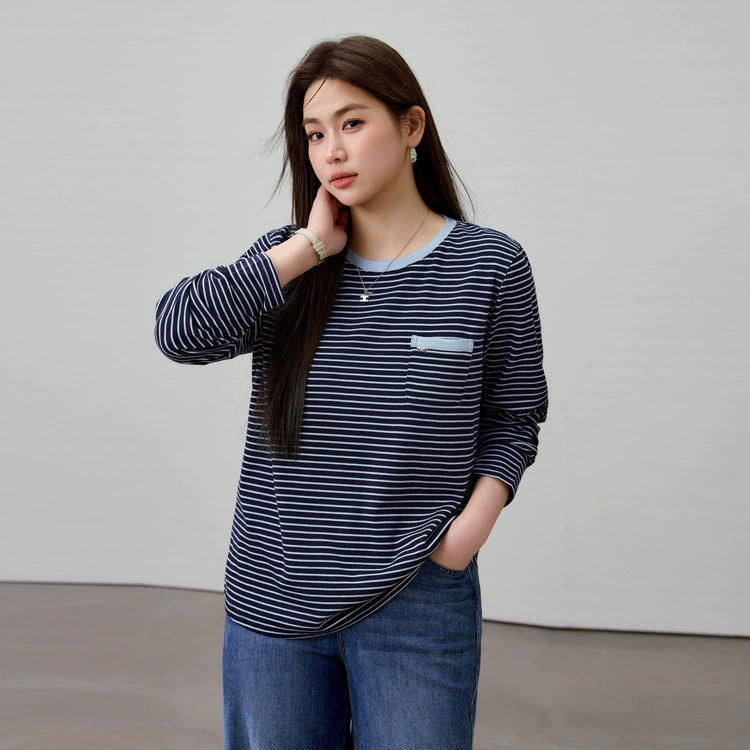 [Ретро-полосатый дикий плечо с круглым вырезом и тонкая футболка] Полосатый большой размер женский толстый mm2025 весенний новый