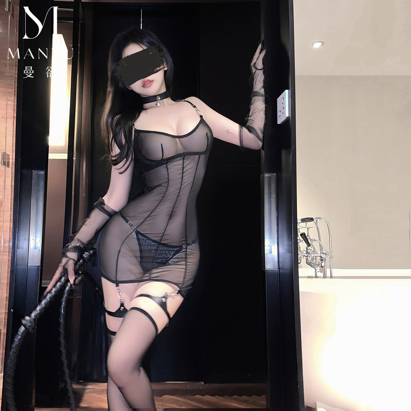 Man Yu Sexy Lingerie Cross-Border Sexy See-Through Mesh Strap Dress with Adjustable Pu Leather Belt Set 9595