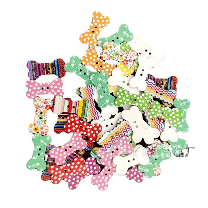 25*13mm blanco estampado hueso de perro botón de madera DIY botón de forma de dibujos animados 50 piezas en un paquete