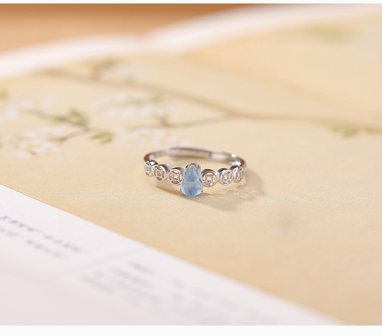 Nhẫn bạc S925 đính đá Aquamarine hình hồ lô phong thủy họa tiết đồng xu chiêu tài, dáng mở điều chỉnh — Một cái chi tiết 3