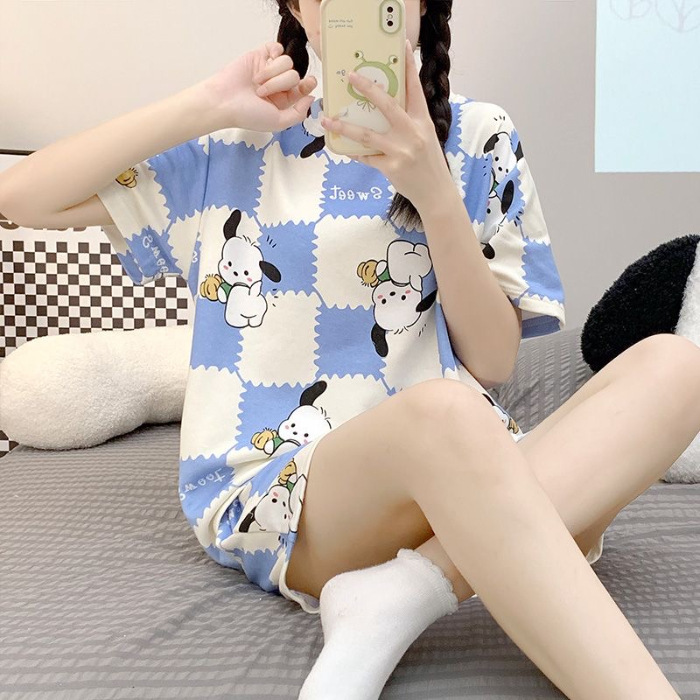 Cross-Border Foreign Trade Summer Short-Sleeved Cute and Sweet Cartoon Short-Sleeved Plus Size One-Piece Home Wear Set Pajamas for Women