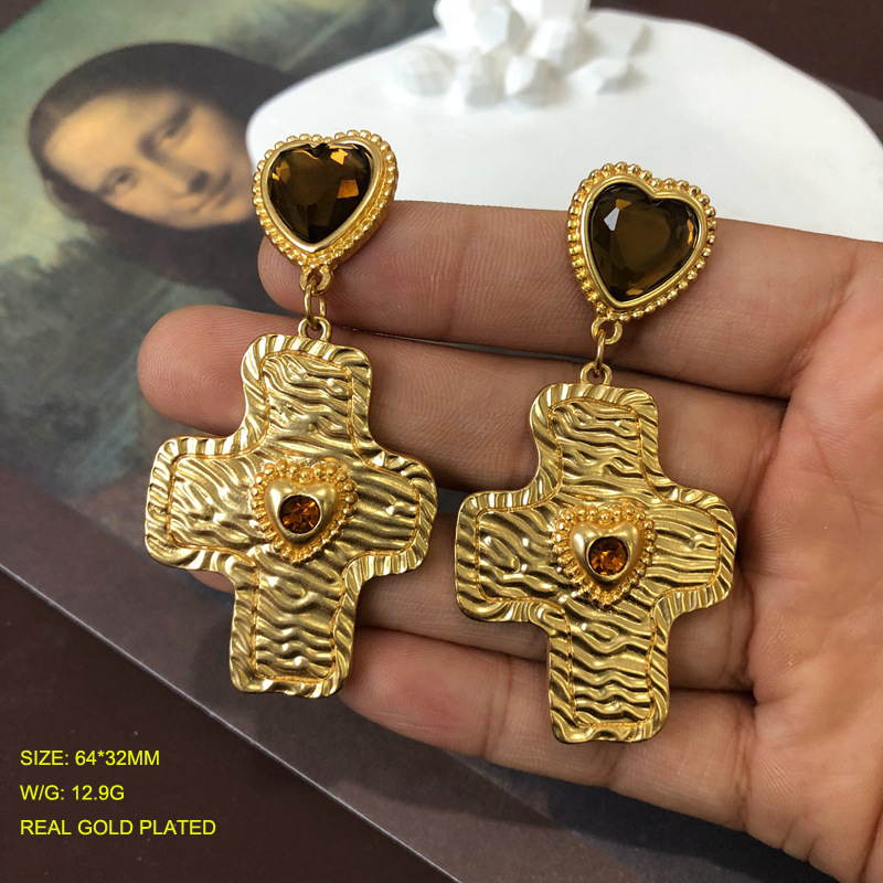 18g Weight 925 Sterling Silver Ear Needle Material 1 Pair Retro Geometric Cross Heart Shape Plating Inlay Alloy Zircon Drop Earrings