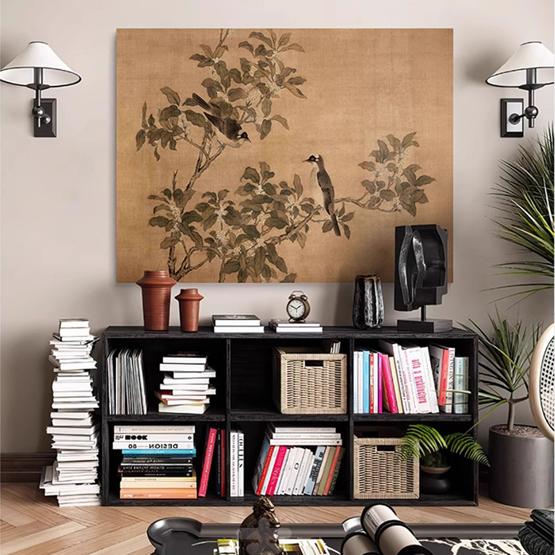 中世スタイルのリビングルームのソファの背景の壁の装飾絵画レトロな研究吊り絵画新しい中国の宋王朝の美的花と鳥の壁画|undefined