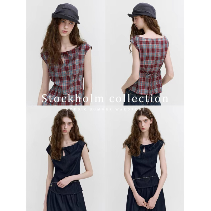 Let Vintage Retro One-Line Collar Bow Tie Waist-Cinching Slimming 100% Cotton Denim Top T-Shirt for Women