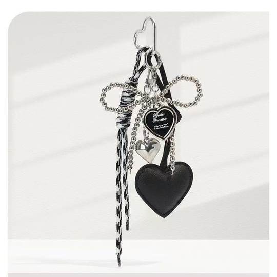 Cute Girl's Heart Silver Bead Bow Miu Bag Pendant Leather Love Super Beautiful Keychain Hanging
