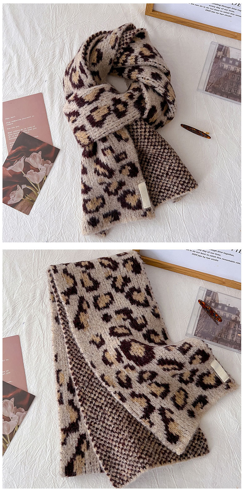 Écharpe tricotée à imprimé léopard classique et tendance pour femme, style millénaire, style Spice Girl, polyvalente, décorative et chaude_voghion.com