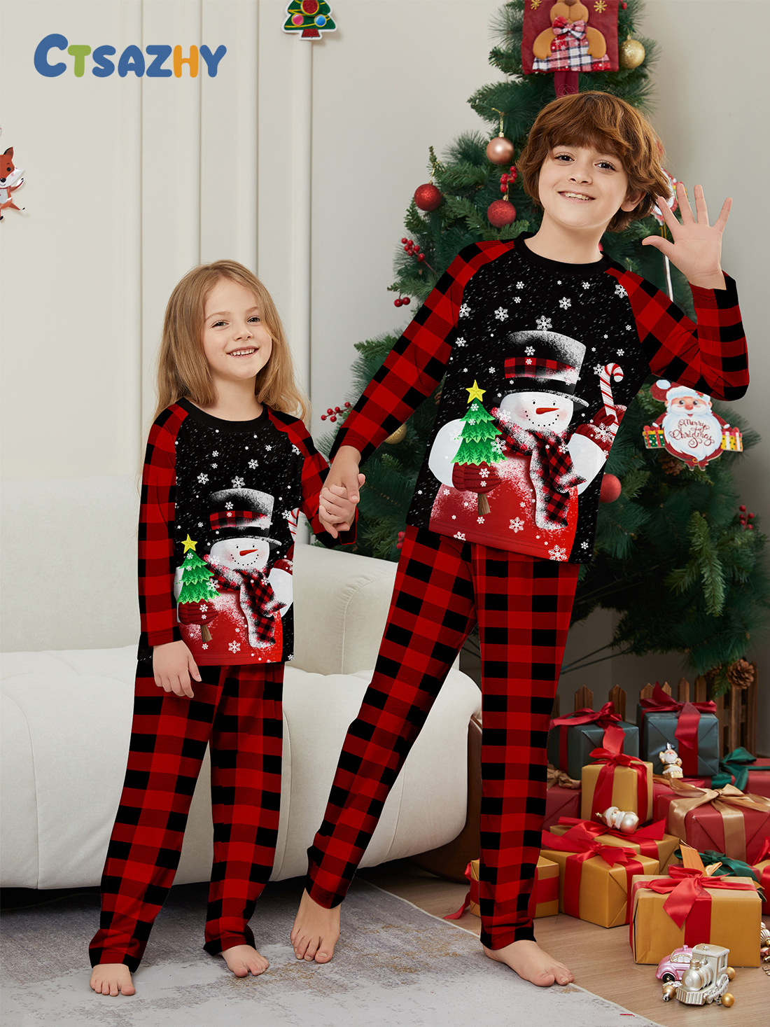 Christmas snowman candy cane snowflake Christmas family suit printed homewear sleep_voghion.com