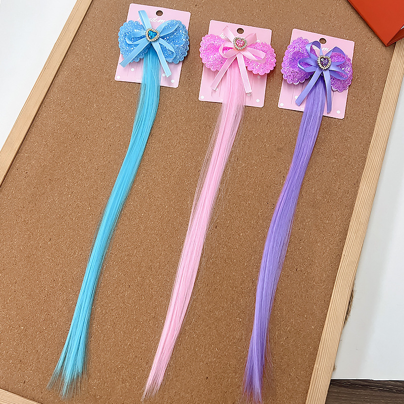 Children's Wig Hairpin Girls' Bow Hairpin Colorful Long Straight Hair Clip Little Girl's Braided Hairpin Headwear Children's Wig Hairpin Girls' Bow Hairpin Colorful Long Straight Hair Clip Little Girl's Braided Hairpin Headwear