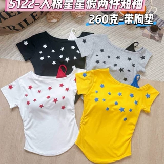5122#辣妹星星印花假两件短袖T恤女修身显瘦百搭自带胸垫打底上衣