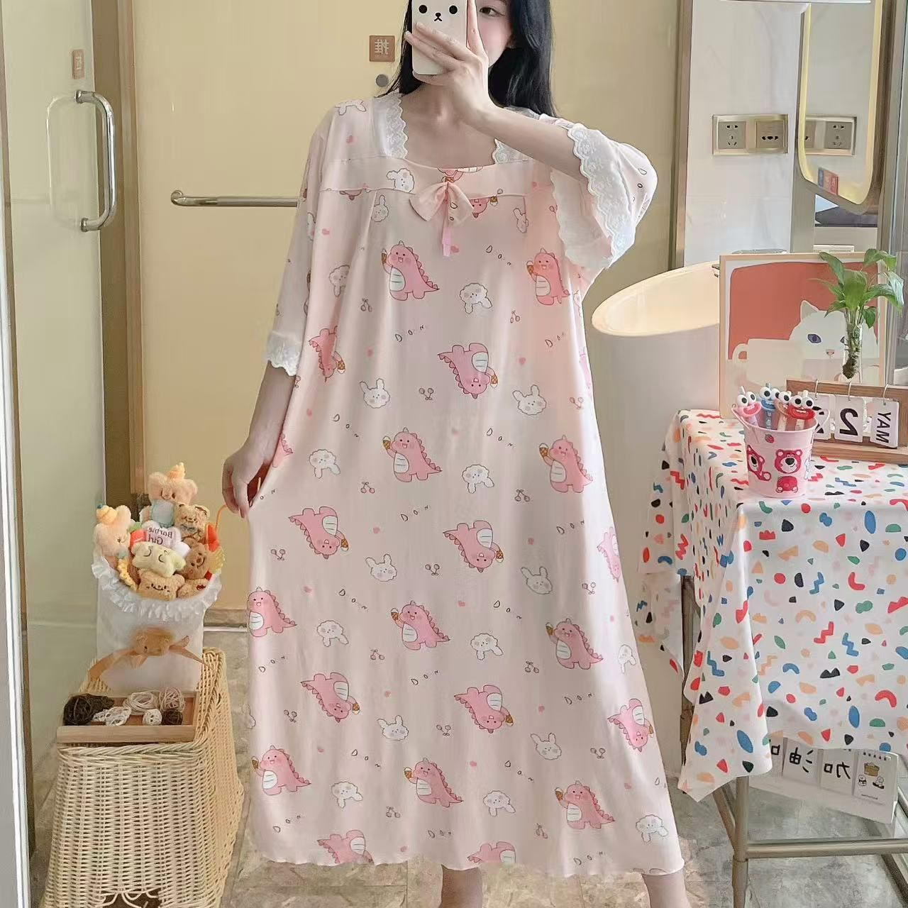 Transfronterizo al por mayor imitación de algodón dulce dibujos animados mangas cortas pijamas de primavera y otoño mujeres verano ropa larga y delgada suelta para el hogar