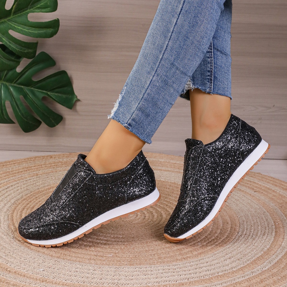 Damenschuhe mit Pailletten und Strasssteinen, elastische Freizeitschuhe mit dicken Sohlen, Fischmaulschuhe_voghion.com