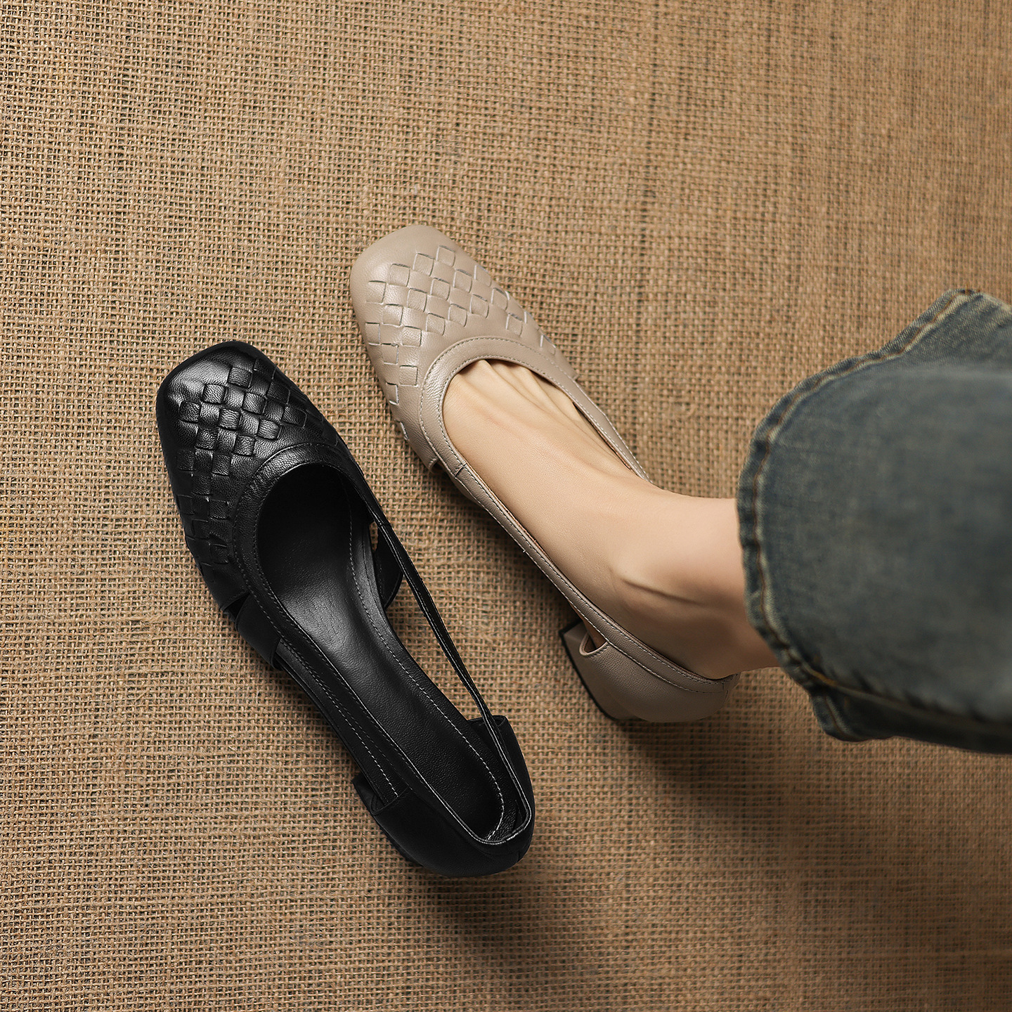 Giày sandal nữ mũi vuông gót thấp 3 cm, da cừu, hở mũi, phong cách thời trang — đen