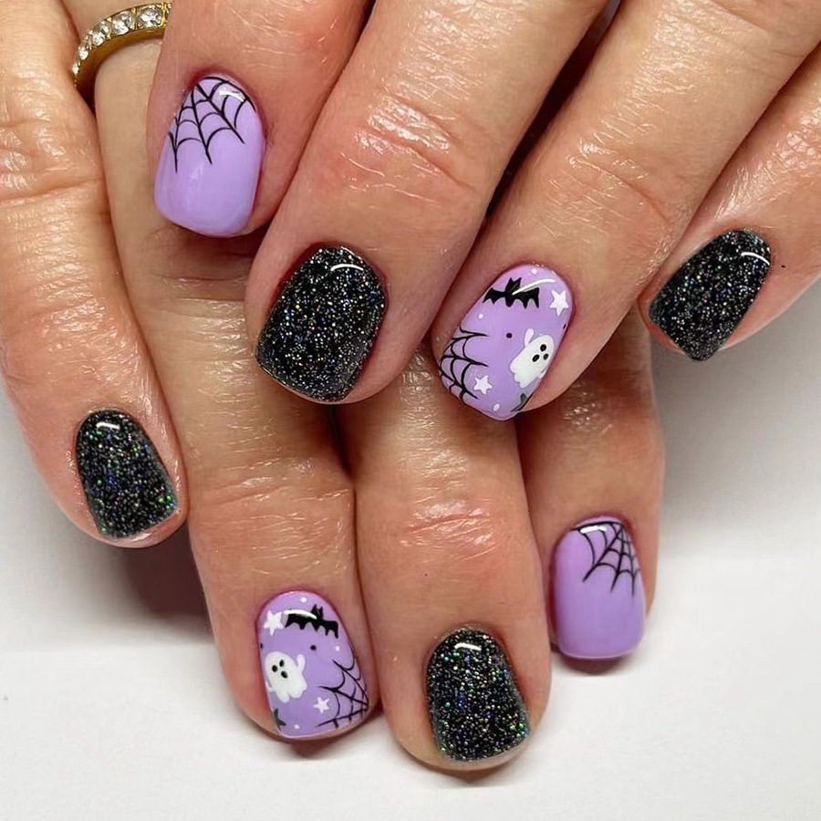 Halloween False Nails Glitter Spider Web And Bat Design 24 Pack_voghion.com