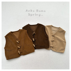 Children's Japanese-style corduroy waistcoat sleeveless vest, new spring and autumn style for boys and girls, retro wooden-button corduroy waistcoat