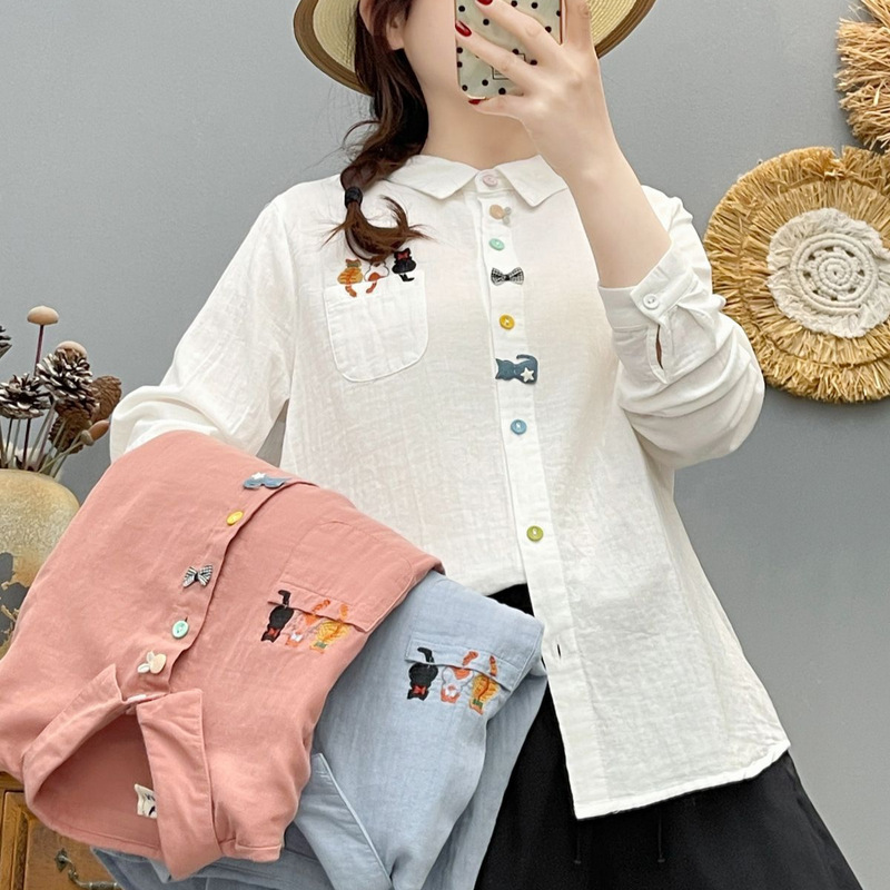 Wholesale Stylish and Youthful Long-Sleeve Cotton Shirt with Embroidered Cat Pockets, Women's Spring Casual Shirt with 3D Decoration Wholesale Stylish and Youthful Long-Sleeve Cotton Shirt with Embroidered Cat Pockets, Women's Spring Casual Shirt with 3D Decoration