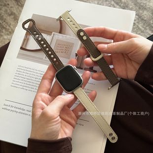 Suitable for Apple Watch Double-Stitched Fine Strap, Color-Blocked Leather Wristband, Applewatch10 Strap Manufacturer Wholesale