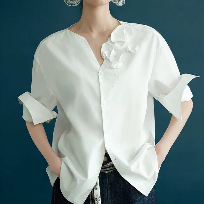 Pima Cotton 2026 Summer New Style Hand-Embellished V-Neck Relaxed Shirt with Ruffled Edges, Baroque Vintage