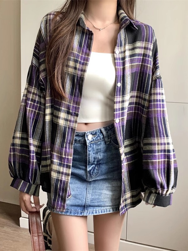 美式复古长袖格子衬衫外套女款2025新款夏款小众宽松衬衣外穿上衣|undefined