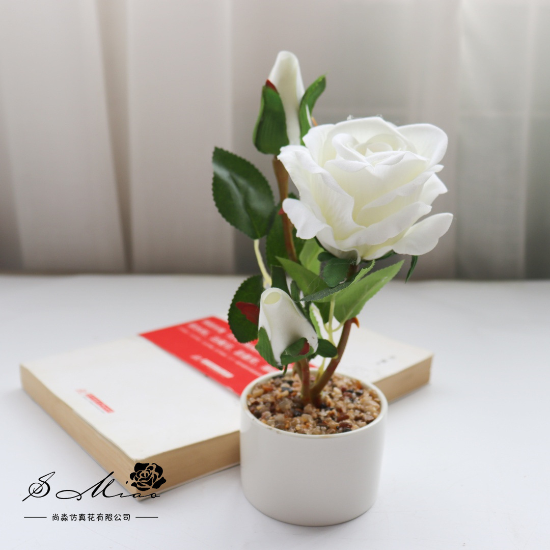 Flores falsas de terciopelo de alta calidad rosa pequeña flor de bonsai decoración de moda creativa plantación verde artificial imitación maceta