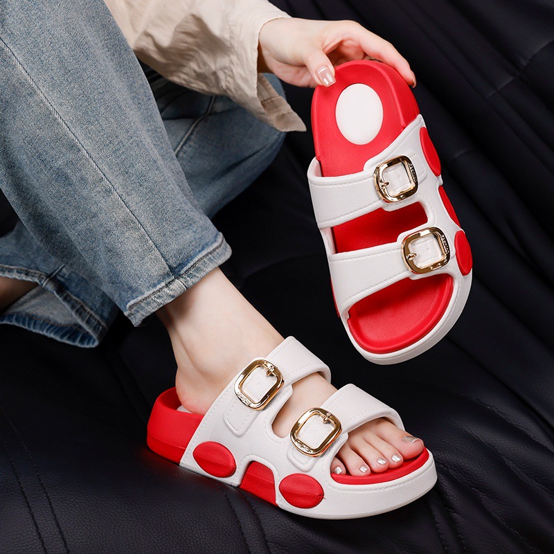 New Color-Blocked Double-Strap Buckle Women's Slippers, Casual and Versatile, Non-Slip Thick-Soled Eva Rubber Slippers for Home and Outing