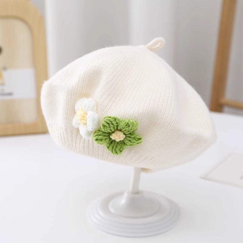 Bebé niña sombrero otoño e invierno Bebé boina de punto lindo pequeño flor de la niña del sombrero del pintor de lana de los niños sombrero de moda