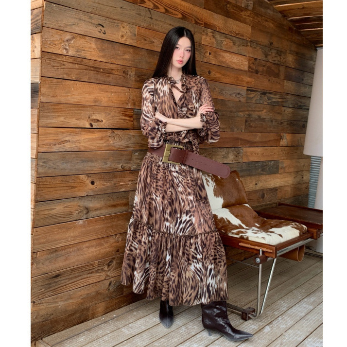 Tie-Neck Printed Leopard Print Long-Sleeved Elegant Dress