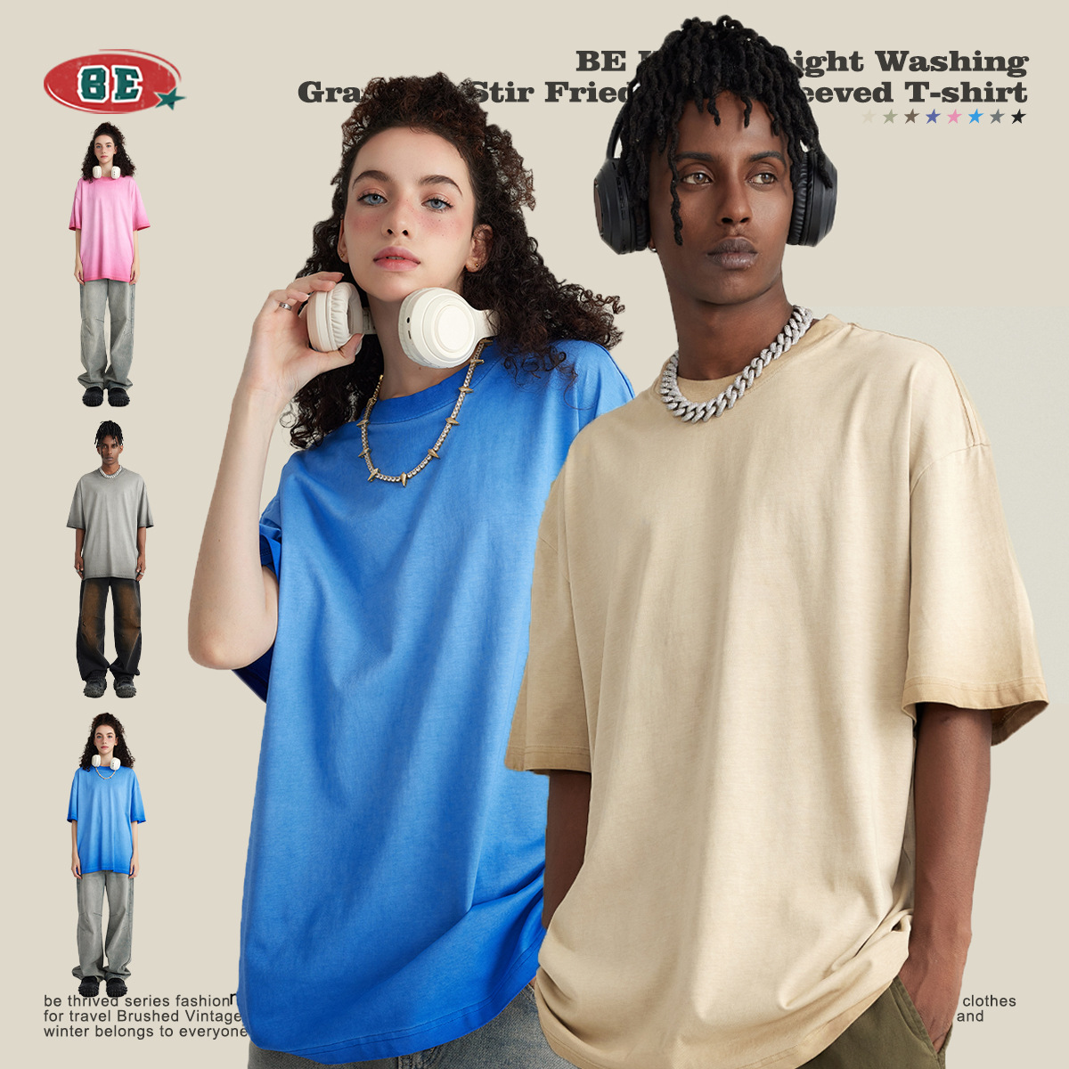 BE ropa de hombre American retro dopamina cuello redondo algodón de manga corta marca de moda juvenil lavado degradado ropa de manga corta hombres