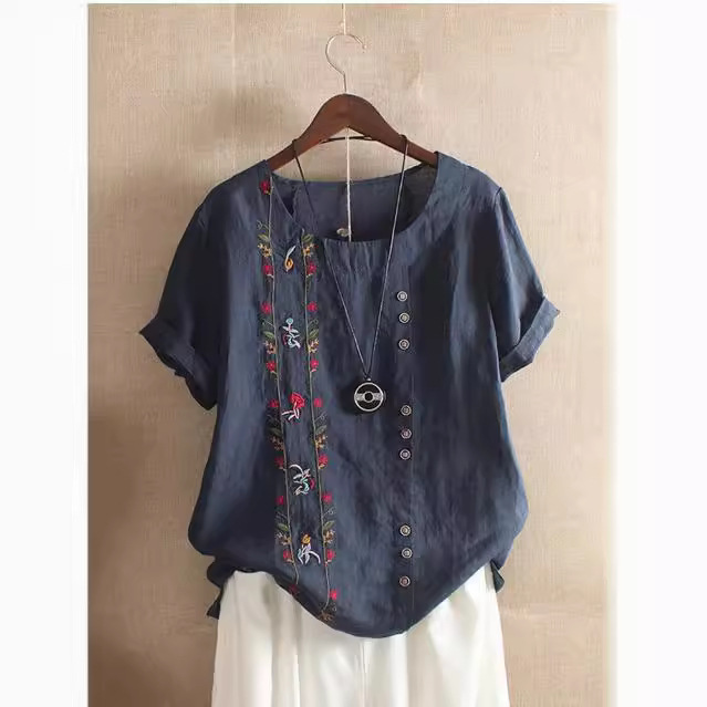 2023 Small Fresh Embroidered Pullover Cotton and Linen T-Shirt Round Neck Short-Sleeved Loose Versatile Top Summer Cotton and Linen Shirt 2023 Small Fresh Embroidered Pullover Cotton and Linen T-Shirt Round Neck Short-Sleeved Loose Versatile Top Summer Cotton and Linen Shirt