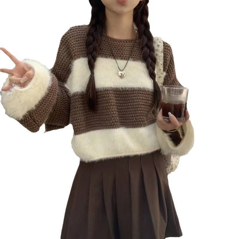 毛衣女复古宽松针织衫秋季感女装撞色拼接新款设计仿貂毛软糯条纹|undefined