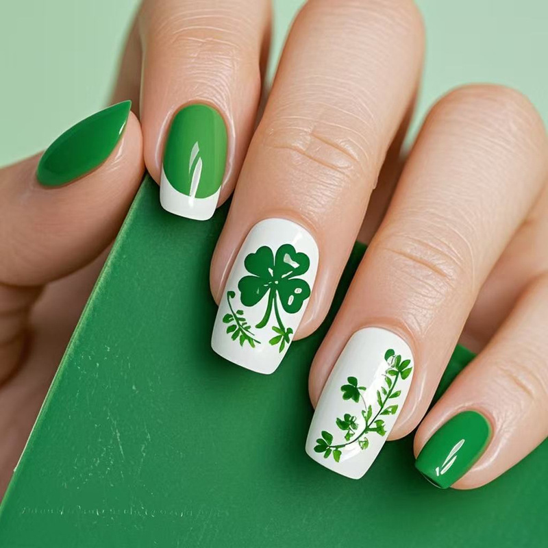 Simple green and white color French clover design St. Patrick's Day wearing nail nail nail nail art