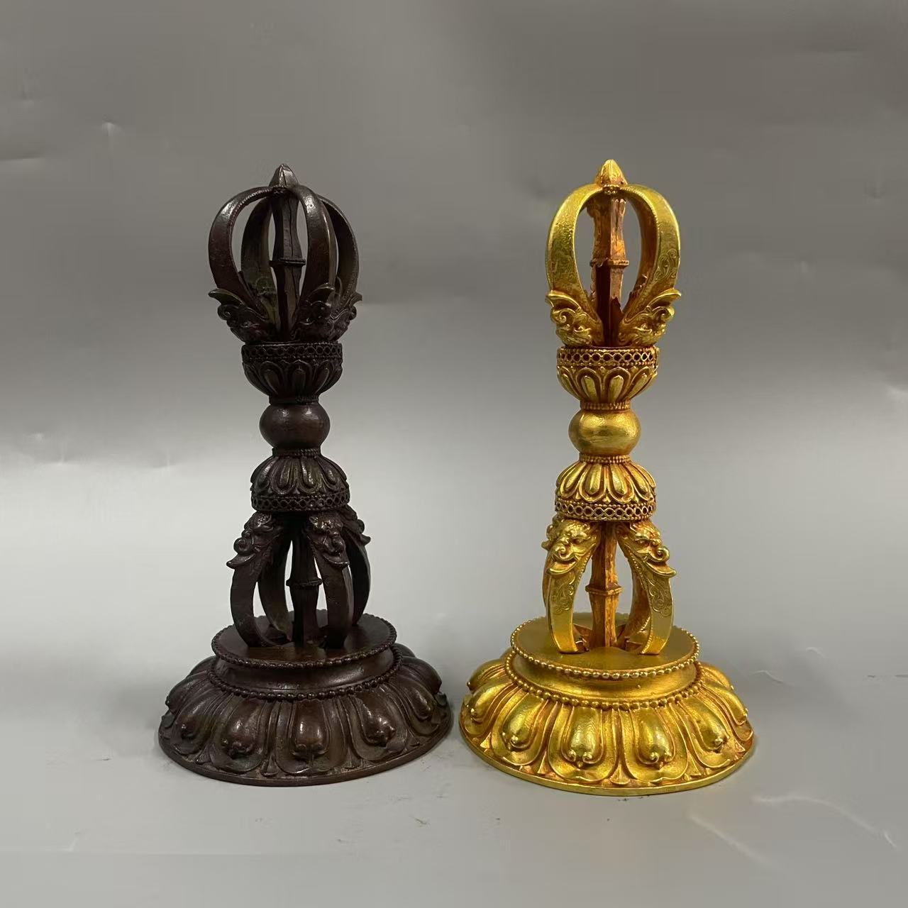 做旧仿古五股金刚杵摆件 复古文玩西藏带莲花底座金刚橛摆件装饰