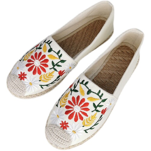 New Xinjiang woven Mule shoes, linen flat heels, embroidered square shoes, color matching breathable casual shoes, women's outer shoes