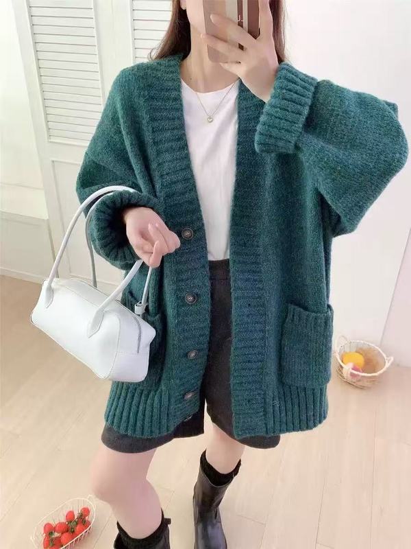韩系慵懒风针织开衫女装秋冬新款跨境宽松休闲加厚V领毛衣外套女|undefined
