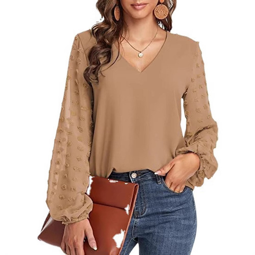 European and American fashion hot item: V-neck chiffon patchwork long-sleeved chiffon shirt with large fur balls