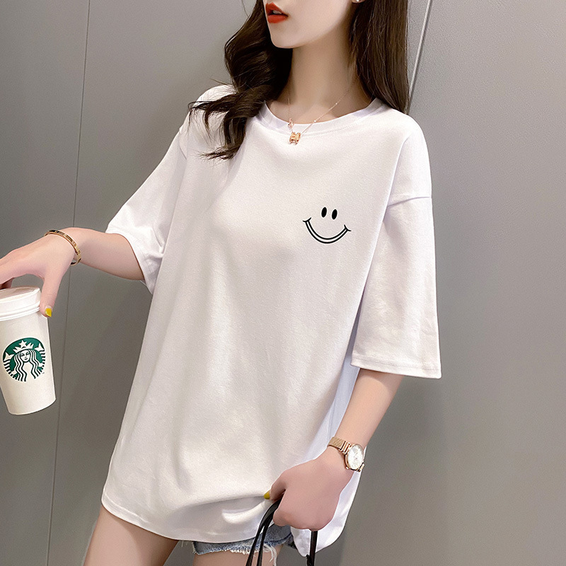 3211# real shot [back collar] cotton short sleeve T-shirt women's long plus size loose 2024 new summer