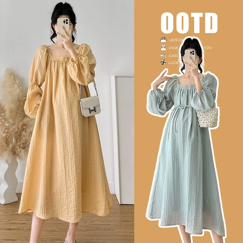 Платье для беременных, французский стиль, квадратный вырез, puff sleeves