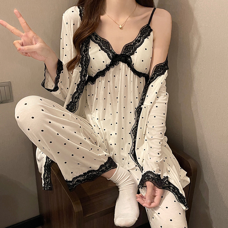 带胸垫波点睡衣女士春秋季长袖薄款蕾丝吊带三件套性感家居服夏天