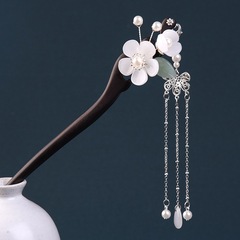 Ebony hairpin, vintage-style hair accessory for updo hairstyles—wooden hair stick with tassel and dangling pendant; ideal Hanfu headdress and Qipao accent piece for women.
