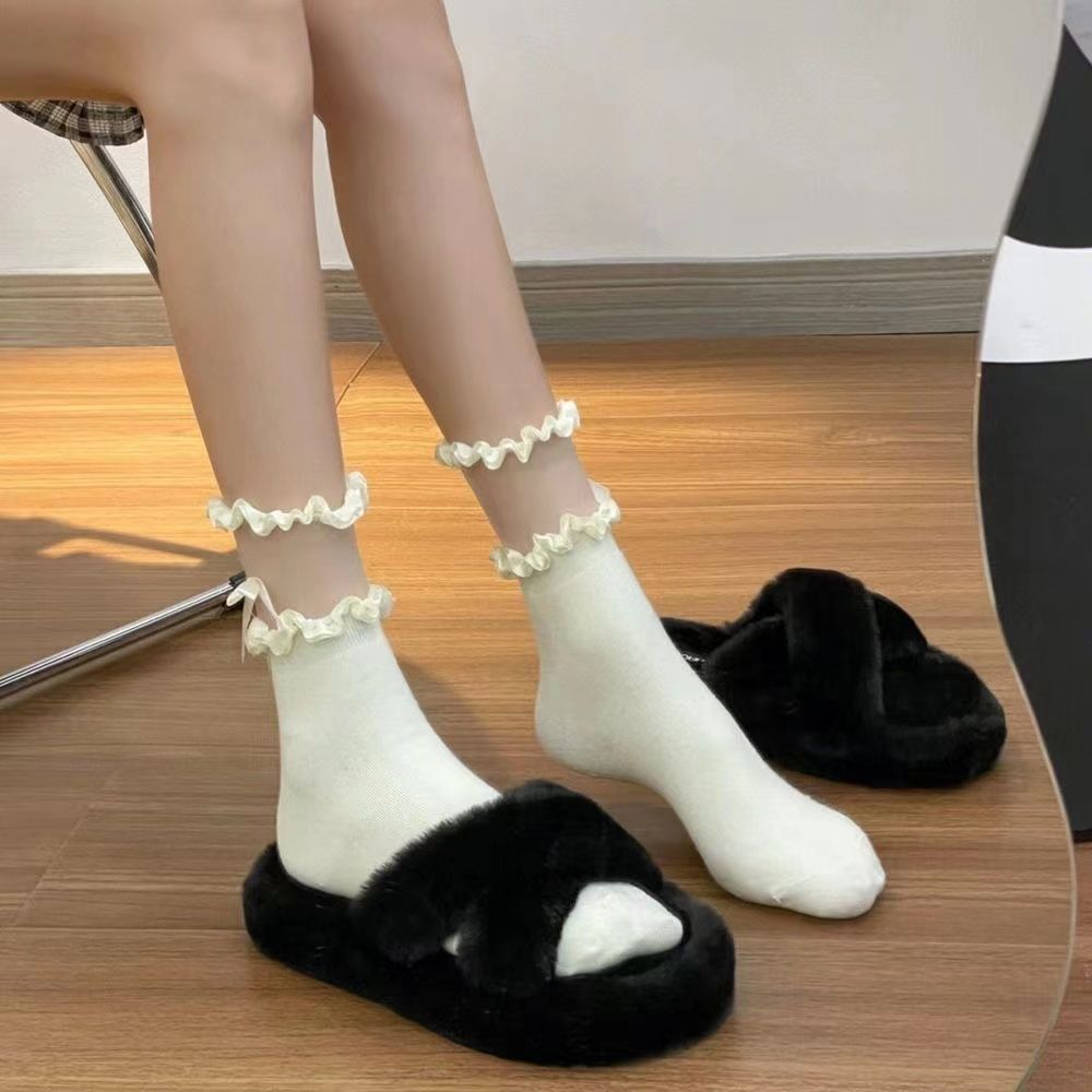 Pequeño Libro Rojo mismo estilo calcetines de encaje negro niñas arco media-longitud de la pantorrilla calcetines delgados con pequeños zapatos de cuero JK calcetines Lolita