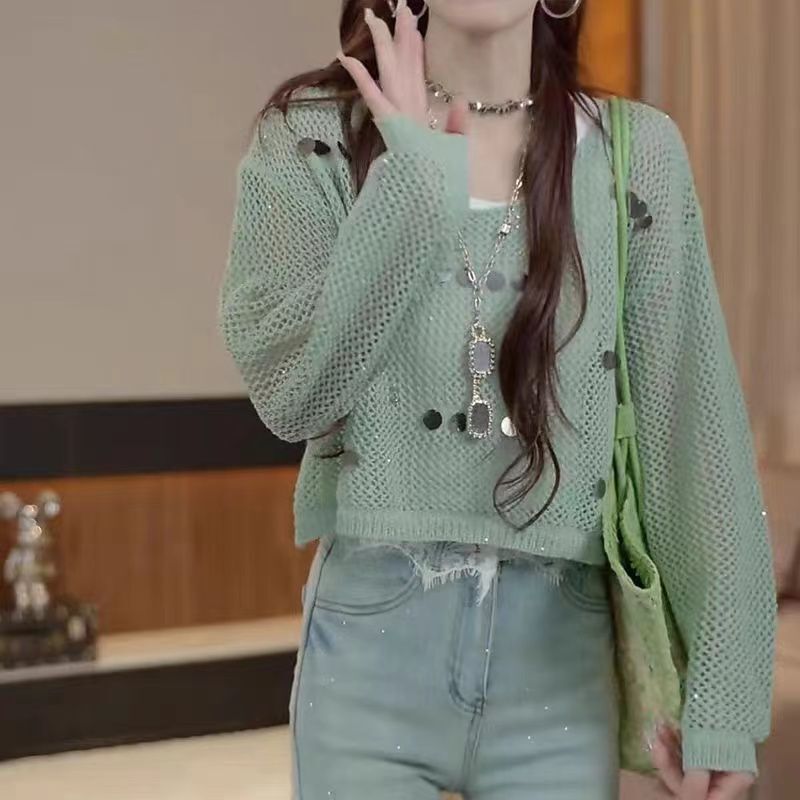 2025慵懒现瘦风百搭针织毛衣春夏女风显罩衫亮片法式镂空套头外搭|undefined
