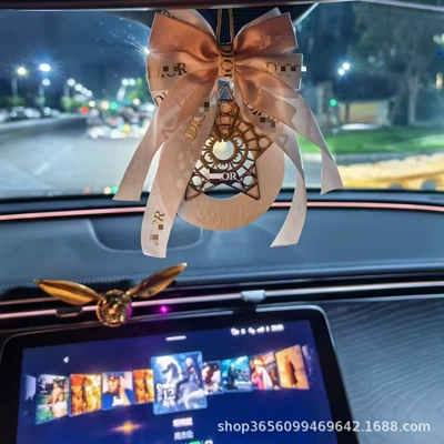 Luxury Star Car Hanging Ornament with Ribbon, Lucky Star Car Pendant, Aroma Diffuser Stone, Car Hanging Decoration, Fragrance Aromatherapy (Car hanging) - dijia-hollow-pink-and-white
