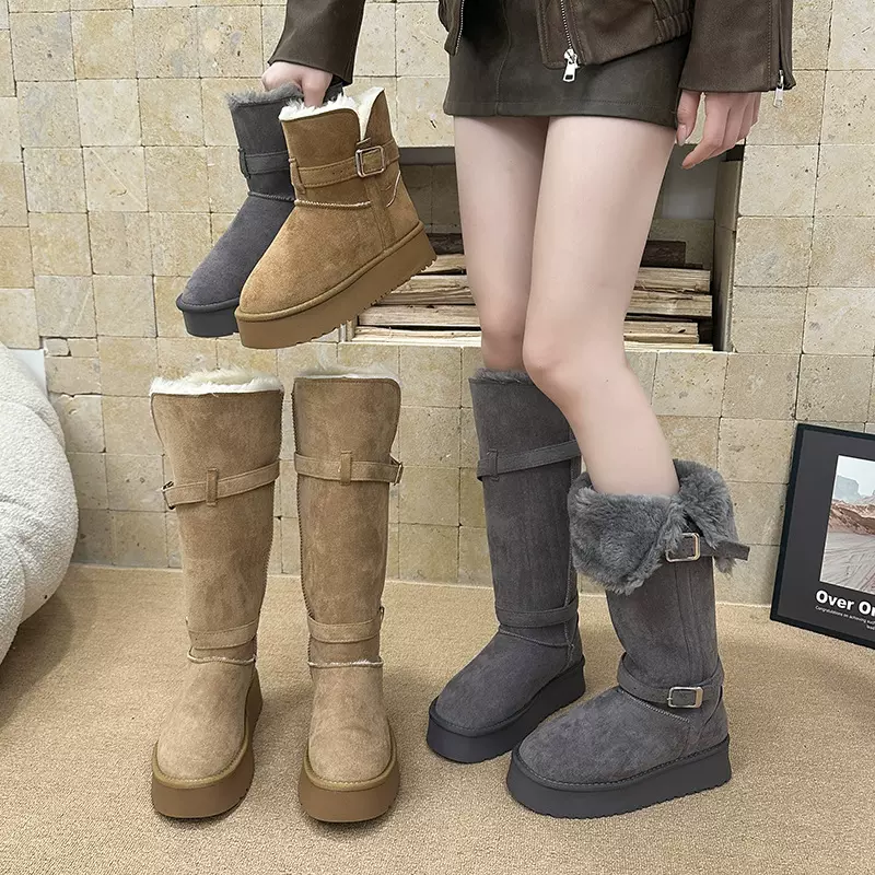 葡萄妈同款灰色厚底加绒加厚雪地靴女两穿扣带翻边中筒棉鞋女高筒